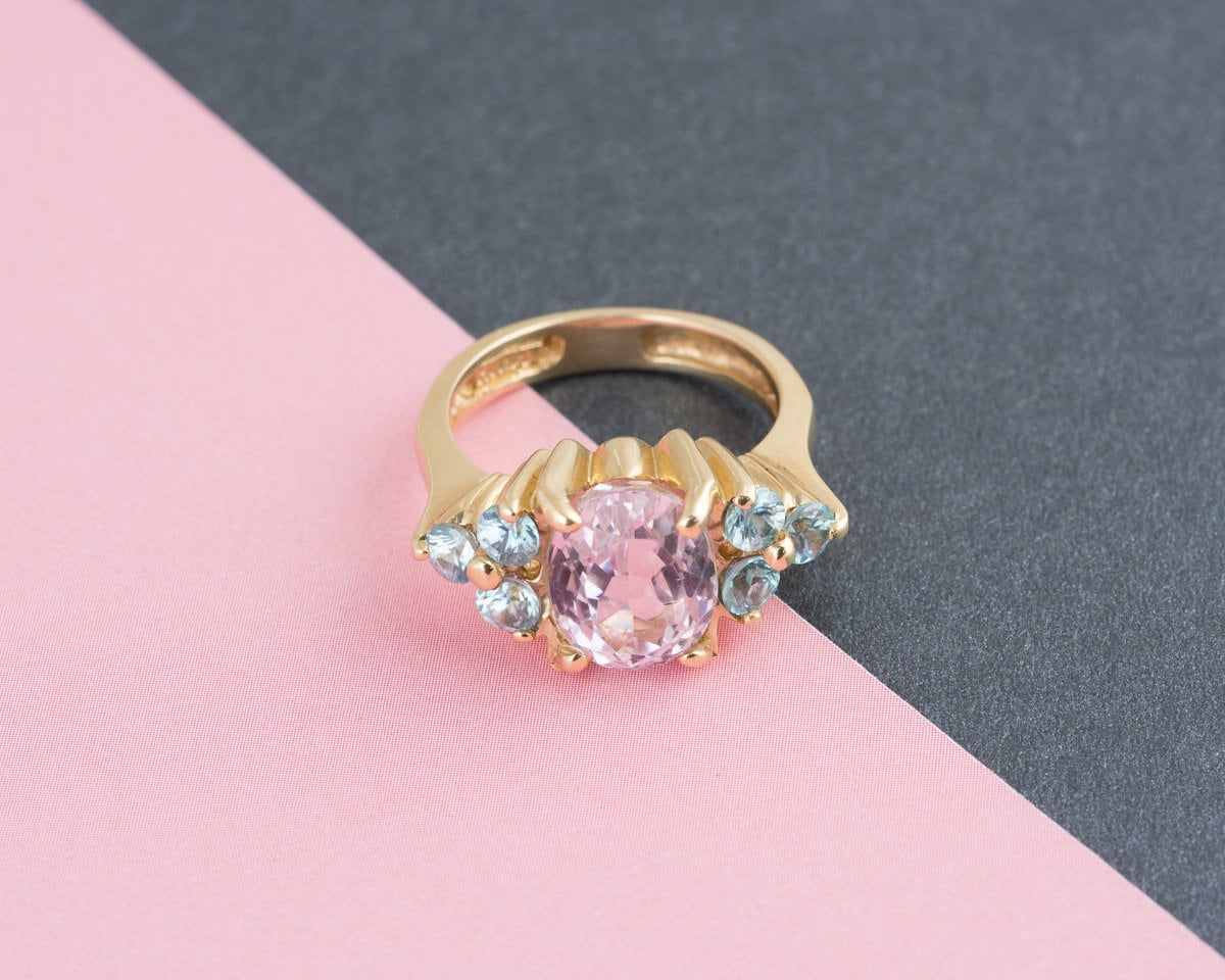 Stunning Kunzite Ring With Blue Zircon Accents In 14k Yellow Gold