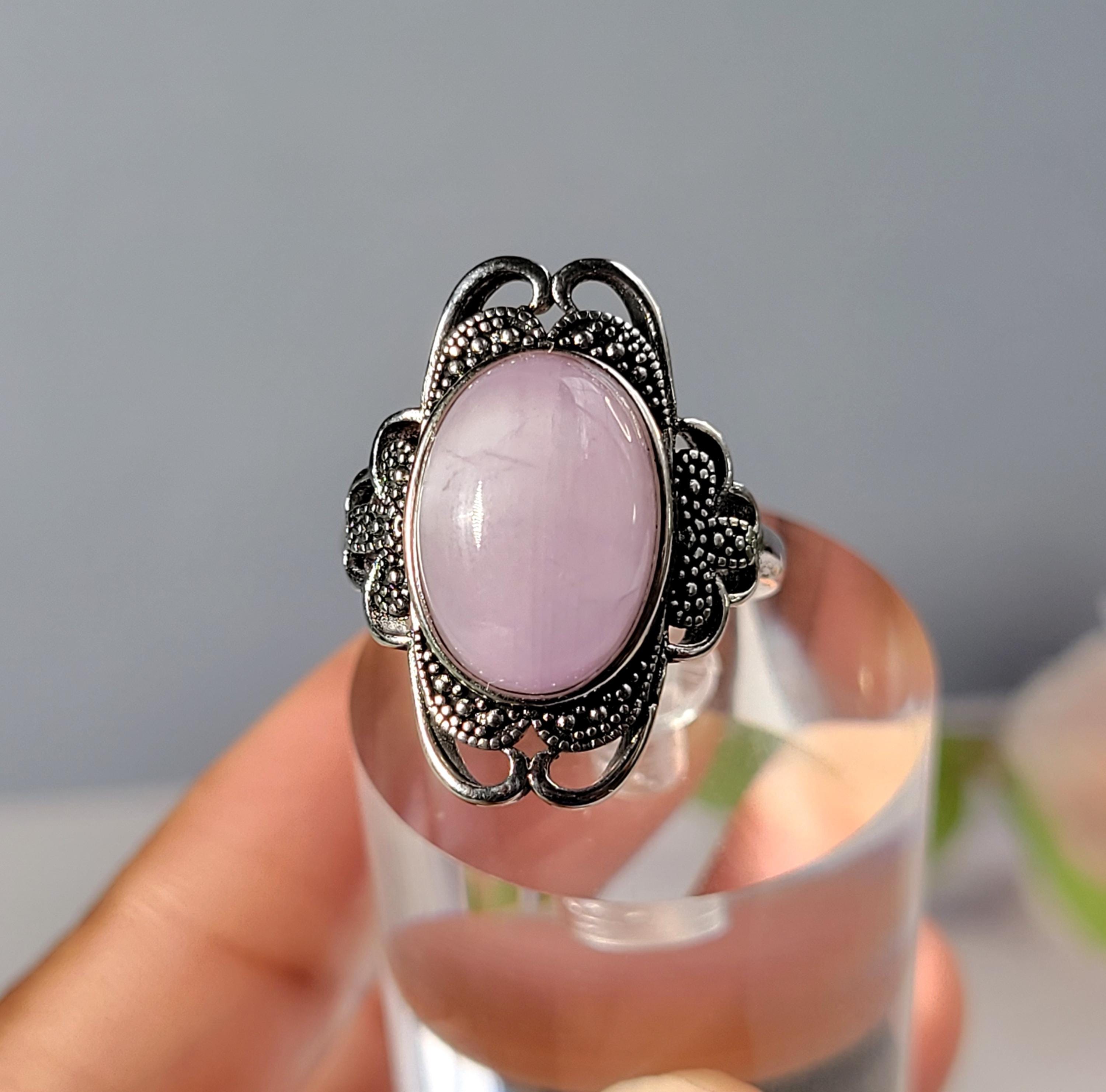 Vintage-inspired Silver Plated Kunzite Gemstone Ring – Oval Cabochon With Filigree & Marcasite Detailing