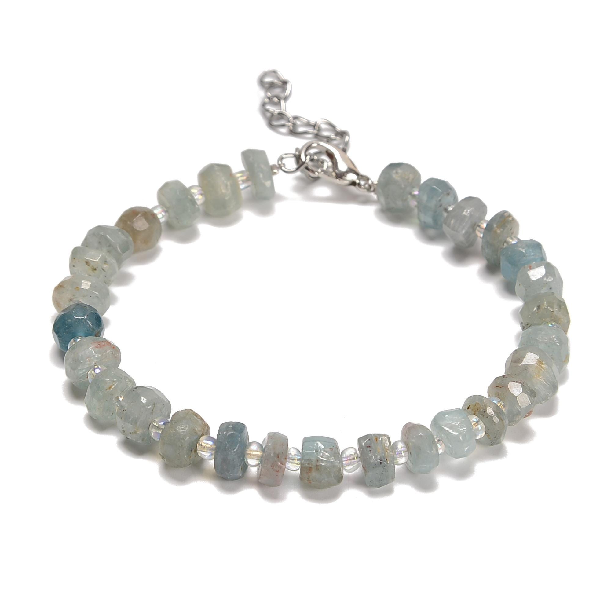 Blue Kyanite Faceted Rondelle Beaded Bracelet Silver Clasp 3x8mm 7.5" Length