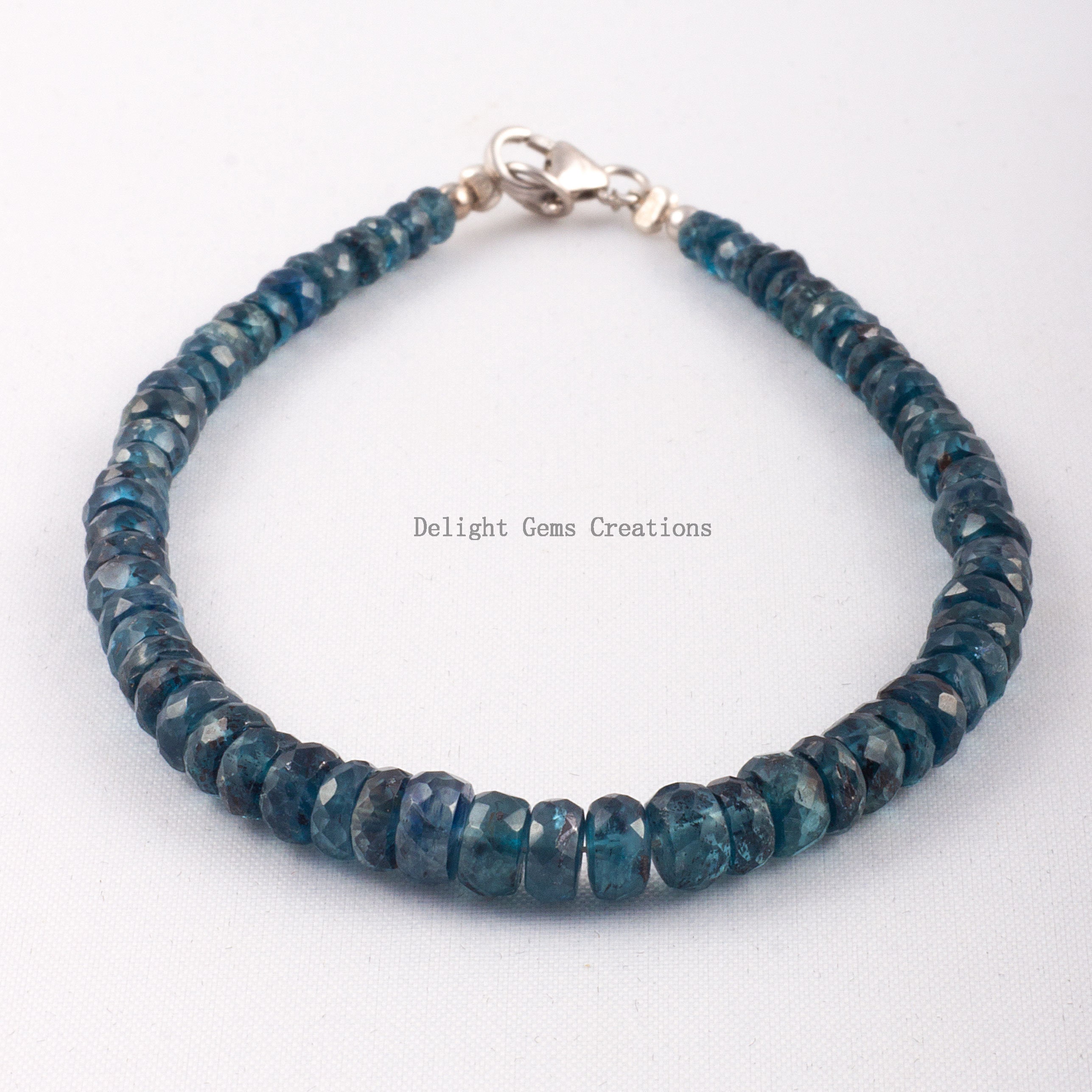 Blue Kyanite Bracelet, Faceted Rondelle Gemstone Beads, 8 Inch