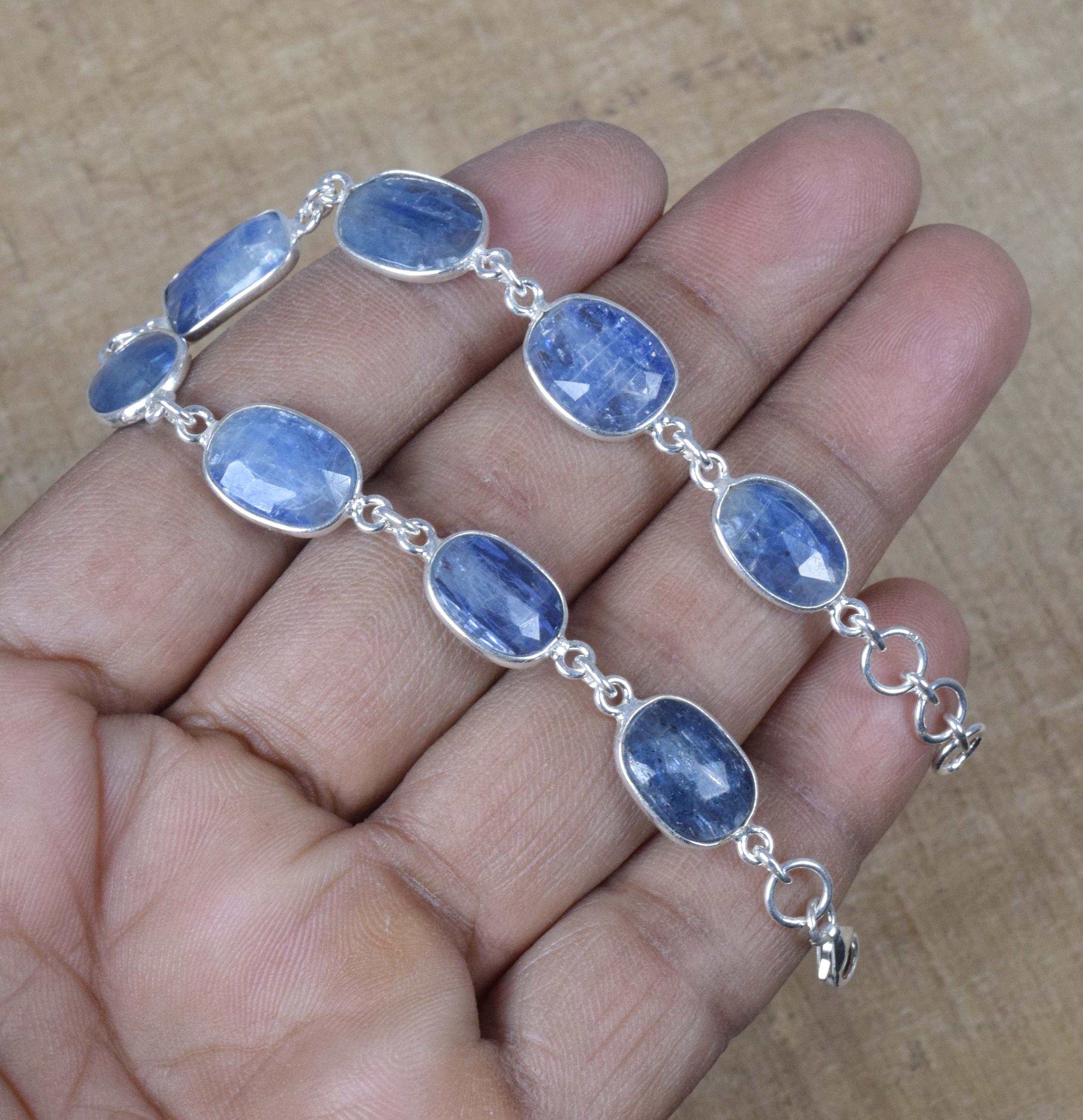 Blue Kyanite Bracelet: Sterling Silver Faceted Gemstone, Adjustable Bezel