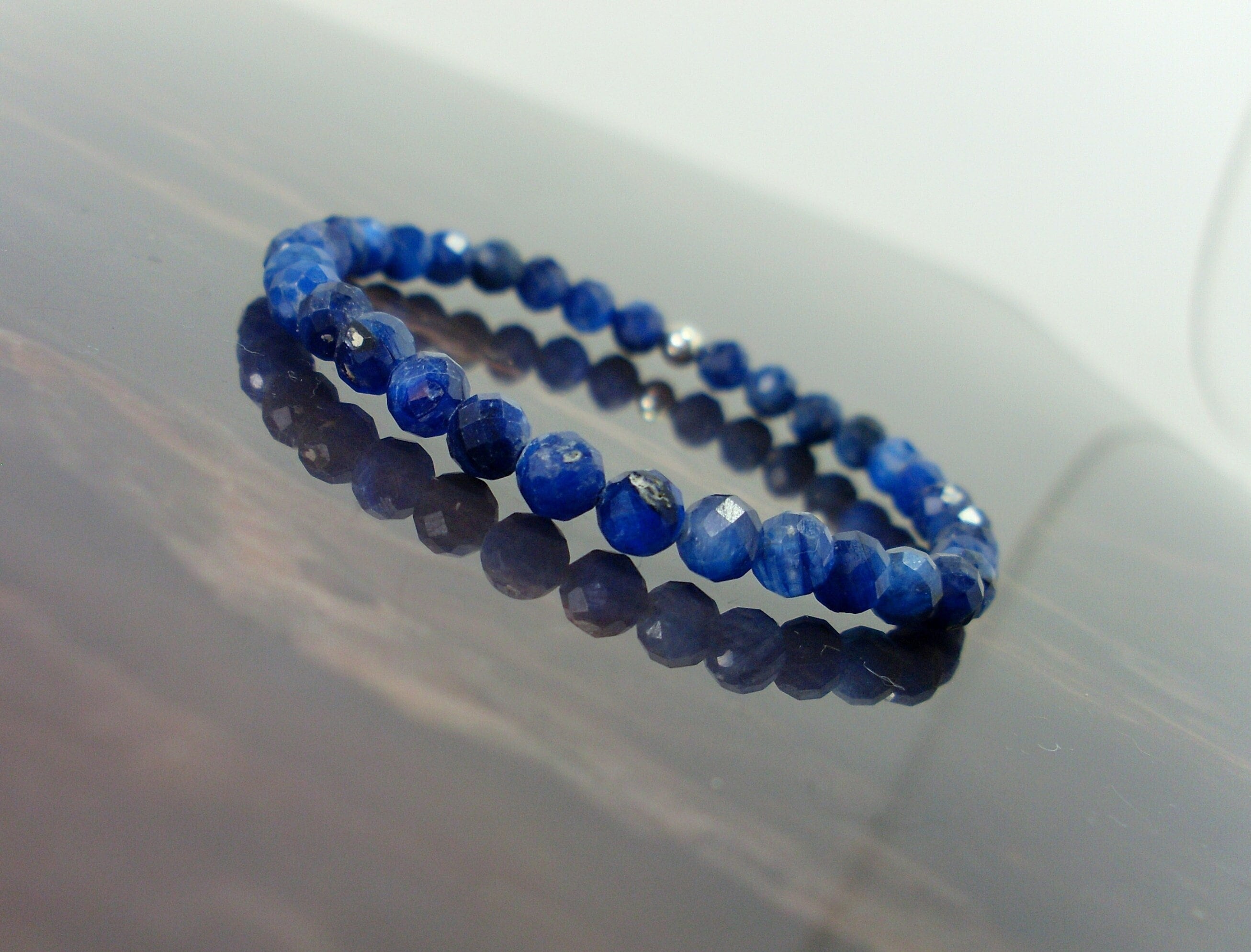Genuine Blue Kyanite Faceted Bracelet 6mm + Sterling Silver Bead, Natural Gemstone Stretch Beaded Bracelet For Women Or Girl + Gift Box