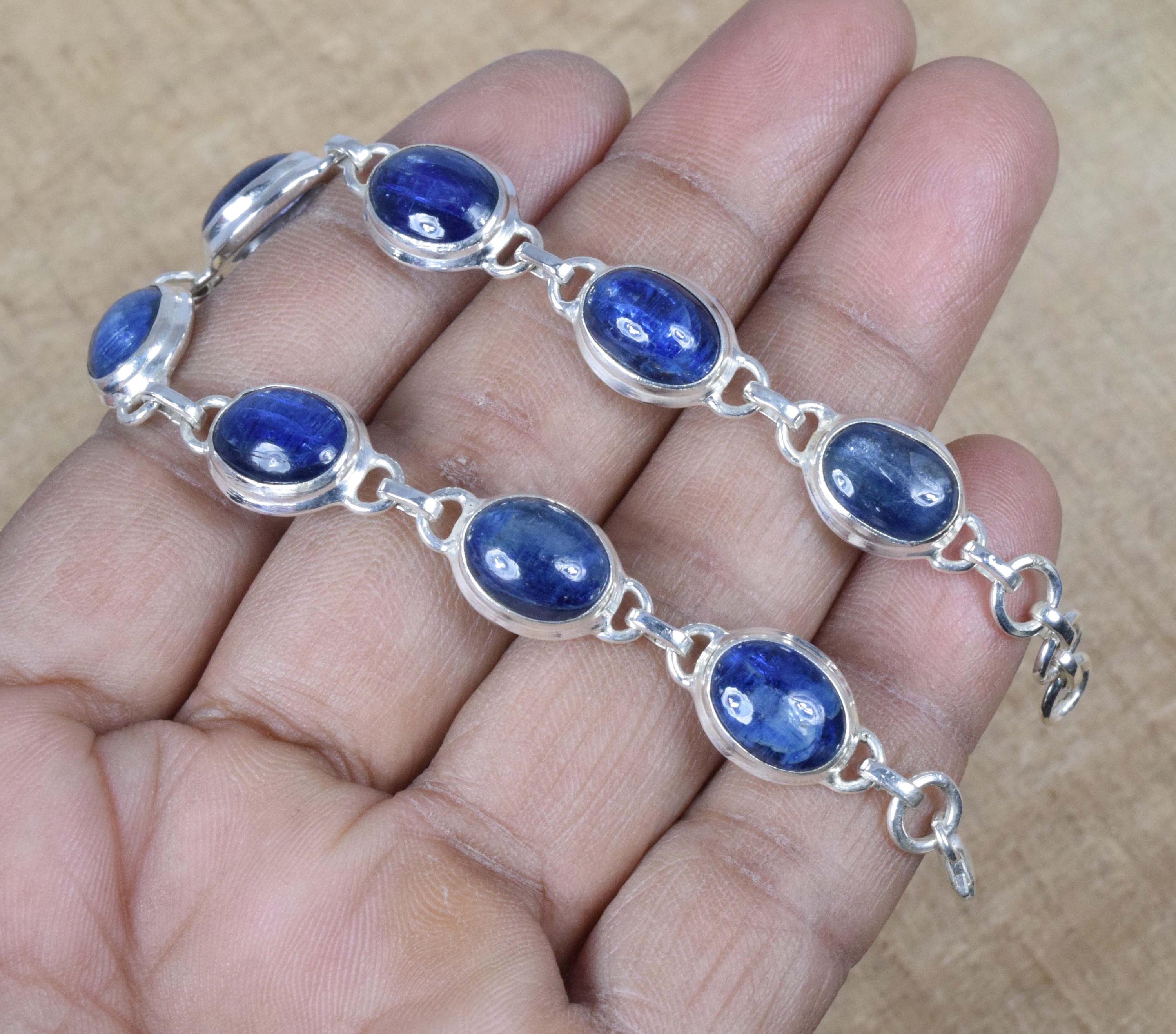 Handmade Blue Kyanite Sterling Silver Adjustable Bracelet: 7 Stone Design