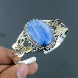 Handmade Kyanite Butterfly Bangle: 925 Sterling Silver 18k Gold Plated Cuff