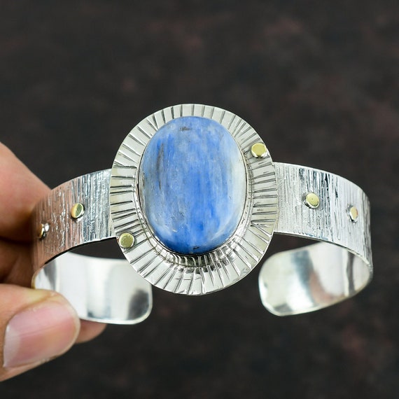 Handmade Kyanite Cuff Bracelet: 925 Sterling Silver Adjustable Bangle