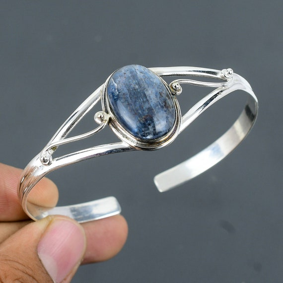 Handmade Kyanite Cuff: Adjustable 925 Sterling Silver Bangle
