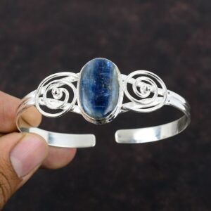 Handmade Kyanite Gemstone Cuff: 925 Sterling Silver Adjustable Bangle