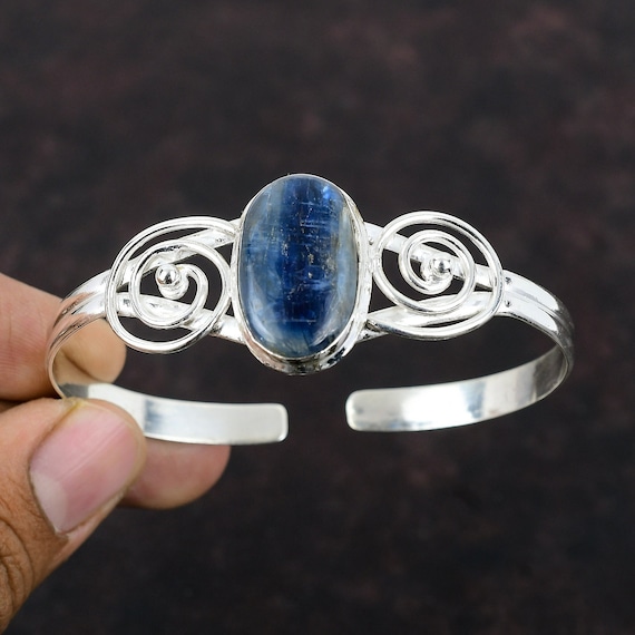 Handmade Kyanite Gemstone Cuff: 925 Sterling Silver Adjustable Bangle