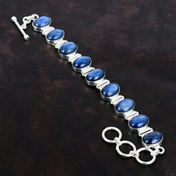 Handmade Kyanite Bracelet: Oval Gemstone, 925 Sterling Silver, Adjustable