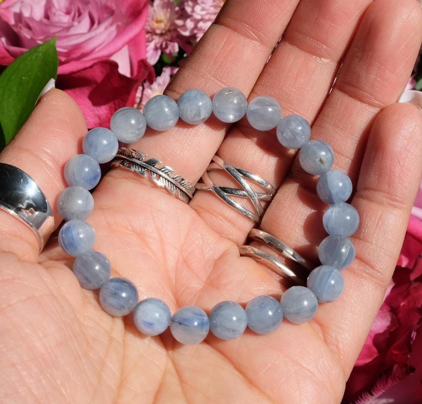 Natural Light Blue Untreated Undyed Kyanite Smooth Blue Crystal Bead Bracelet Healing 6.5mm