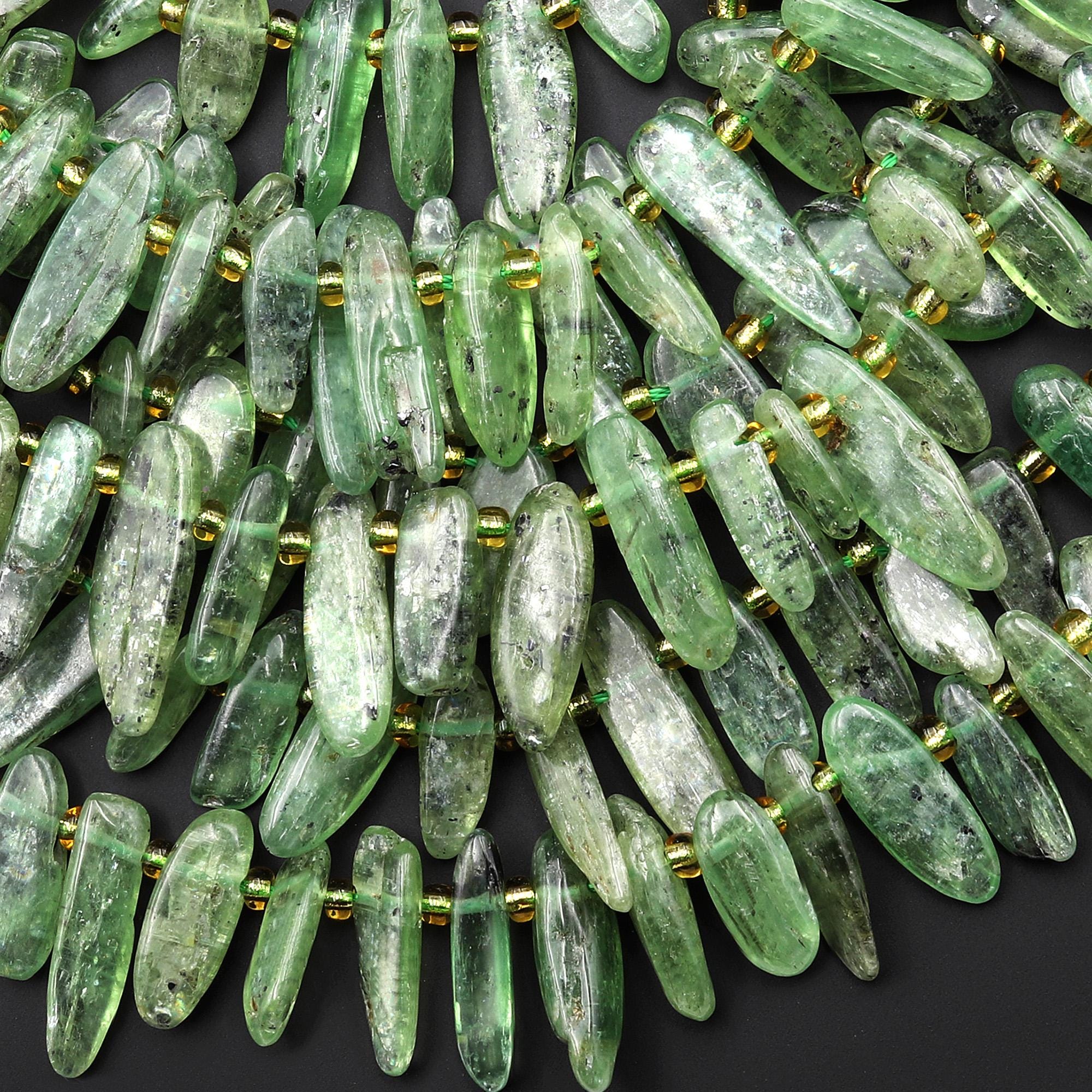 Natural Green Kyanite Freeform Long Oval Pebble Nugget Beads Top Side Drilled Gemstone 15.5" Strand