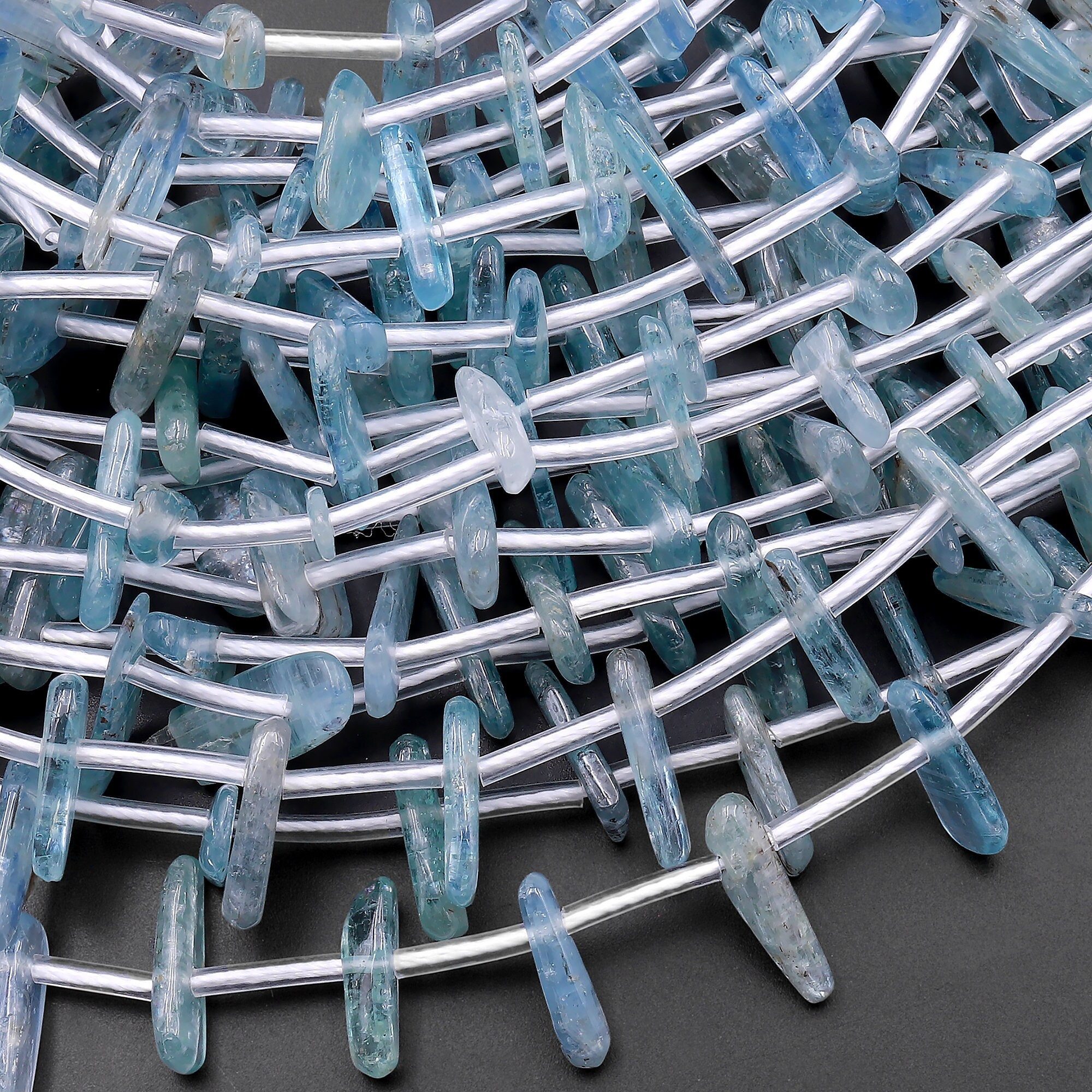 Natural Pale Aqua Blue Kyanite Silvery Chatoyance Freeform Thin Spike Beads Long Stick Chip 15.5" Strand