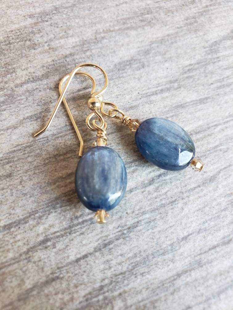 Aa Blue Kyanite Earrings, 14k Gold Filled Earrings, Oval Gemstone Jewelry, Denim, Chakra Drop Dangle Earrings
