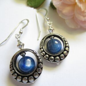 Antique Sterling Silver Kyanite Earrings, Blue Gemstone Drop Earrings