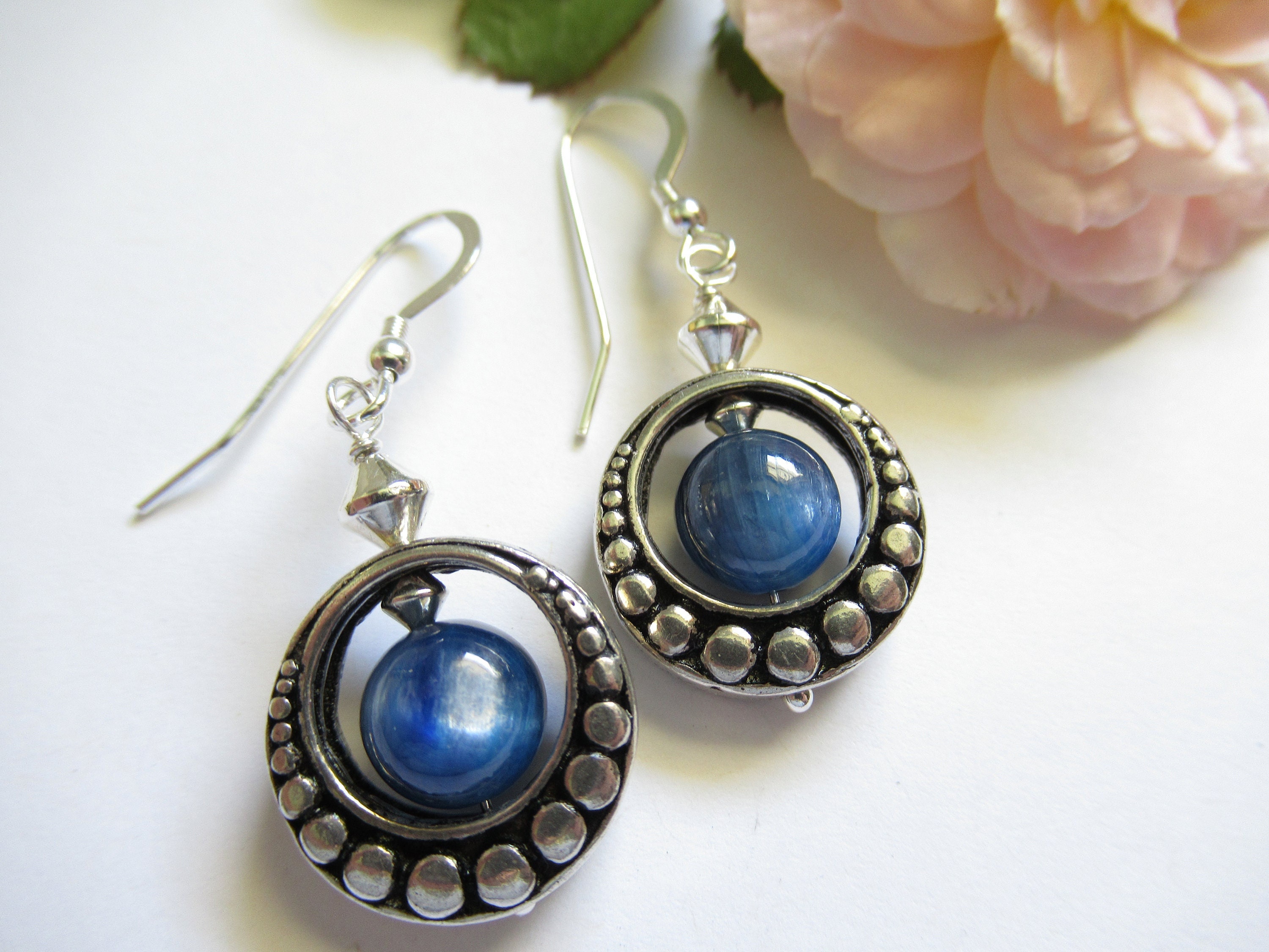 Antique Sterling Silver Kyanite Earrings, Blue Gemstone Drop Earrings
