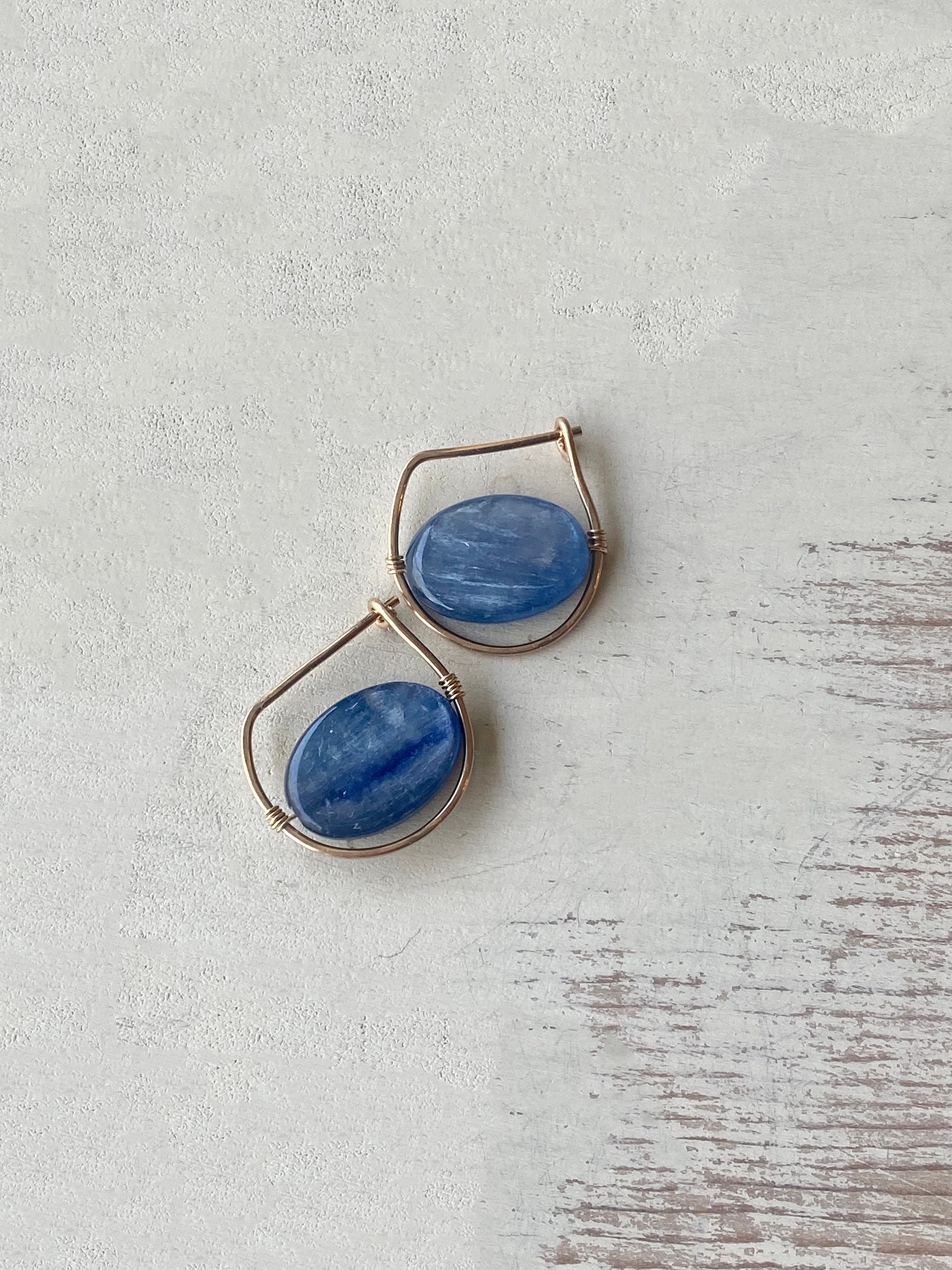 Blue Kyanite Gold Filled Frame Earrings: Modern Gemstone Hoops
