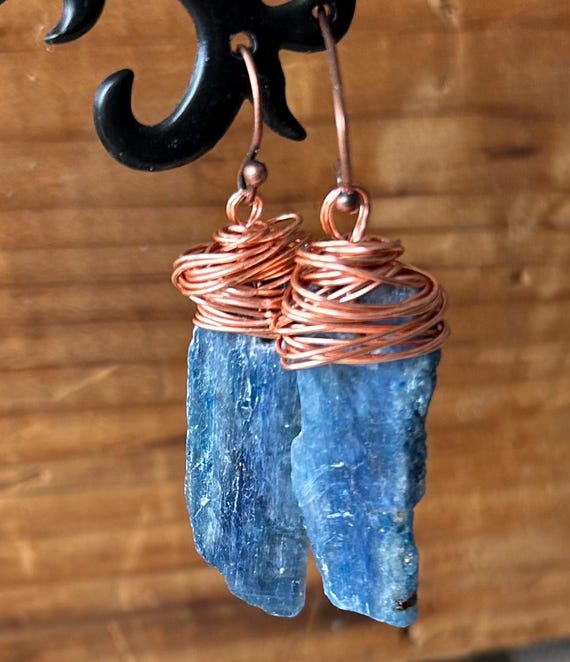 Blue Kyanite Earrings, Raw Kyanite Earrings, Handmade Earrings, Blue Earrings, Copper Wire, Natural Kyanite