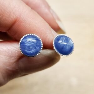 Blue Kyanite stud earrings. 925 sterling silver. 8mm Round post earrings for women. Crystal Reiki jewelry uk. Mineral jewelry