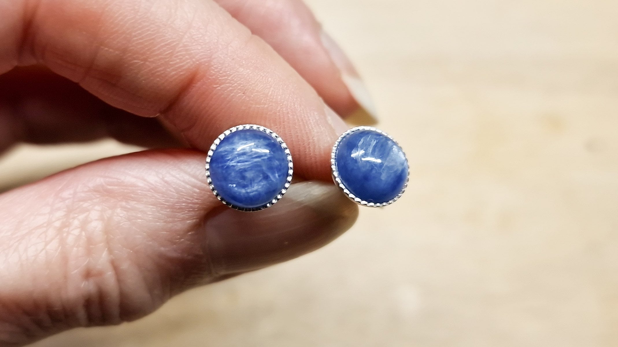 Blue Kyanite Stud Earrings. 925 Sterling Silver. 8mm Round Post Earrings For Women. Crystal Reiki Jewelry Uk. Mineral Jewelry