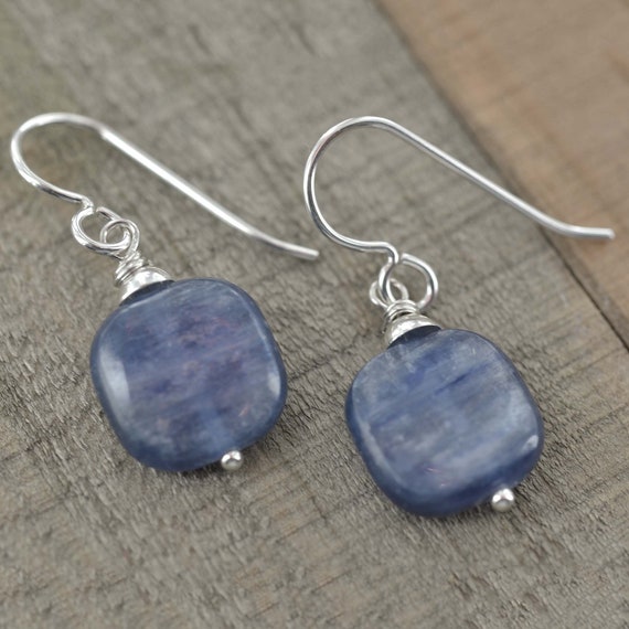 Handmade Kyanite Sterling Silver Dangle Earrings | Square Gemstone Jewelry