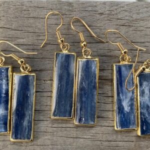 Large Rectangle Pearly Blue Kyanite Gold Plated Dangle Earrings | Kyanite Earrings | Cleansing Stone Earrings | Boho | Gifts For Her