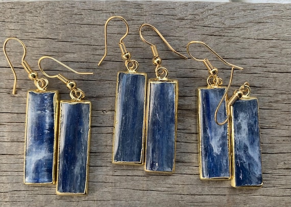 Large Rectangle Pearly Blue Kyanite Gold Plated Dangle Earrings | Kyanite Earrings | Cleansing Stone Earrings | Boho | Gifts For Her