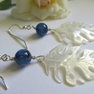 Mother Of Pearl Leaf Earrings, Kyanite, Sterling Silver Tropical Jewelry