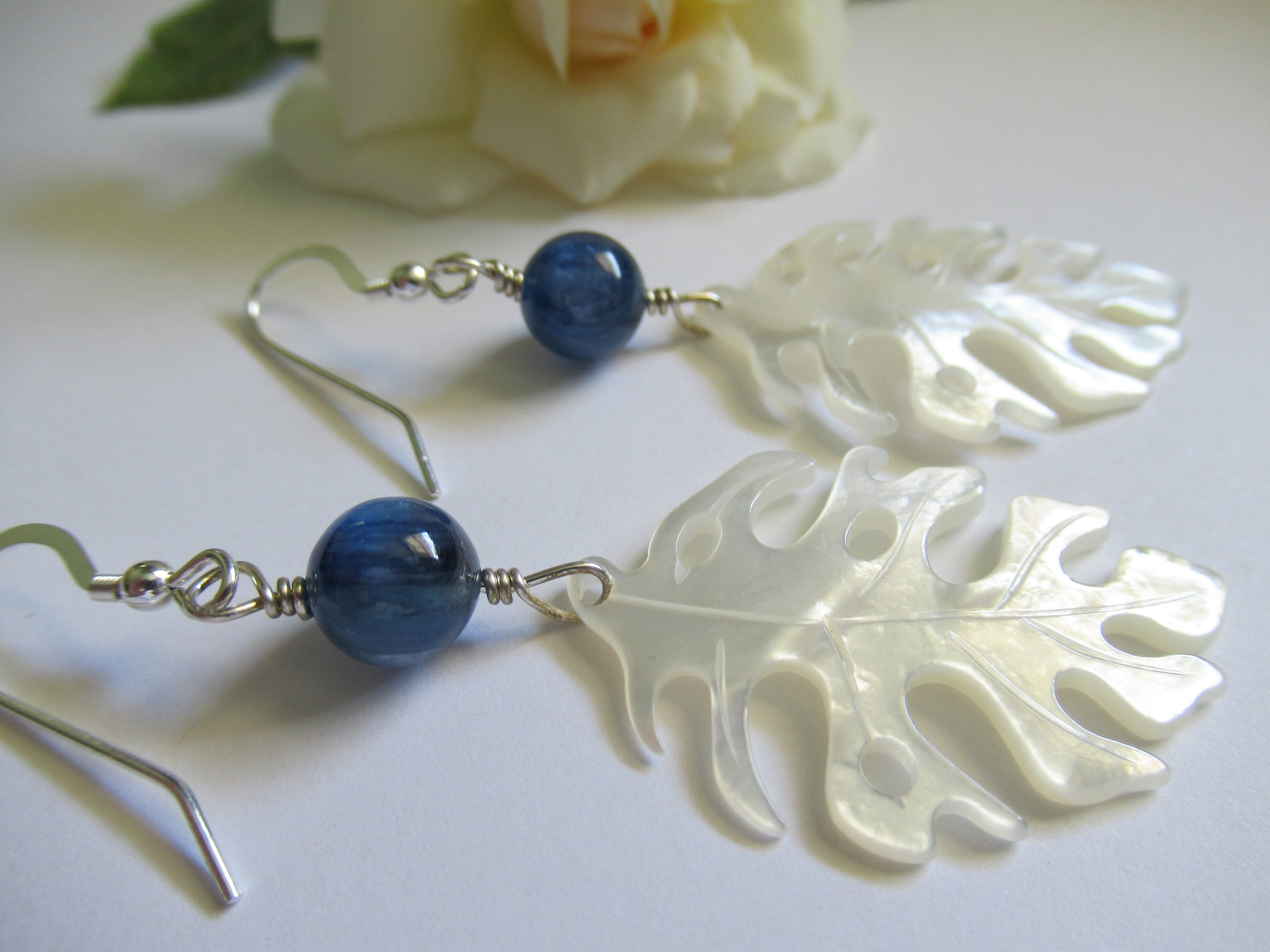 Mother Of Pearl Leaf Earrings, Kyanite, Sterling Silver Tropical Jewelry