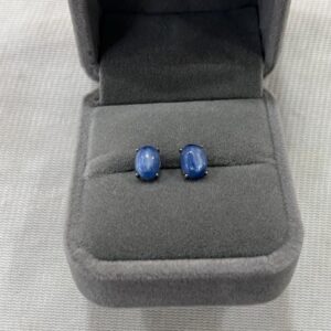 Natural 6x8mm Oval Blue Kyanite Genuine Gemstone Stud Earrings With 925 Sterling Silver Accessory ---1 Pair (2pcs)