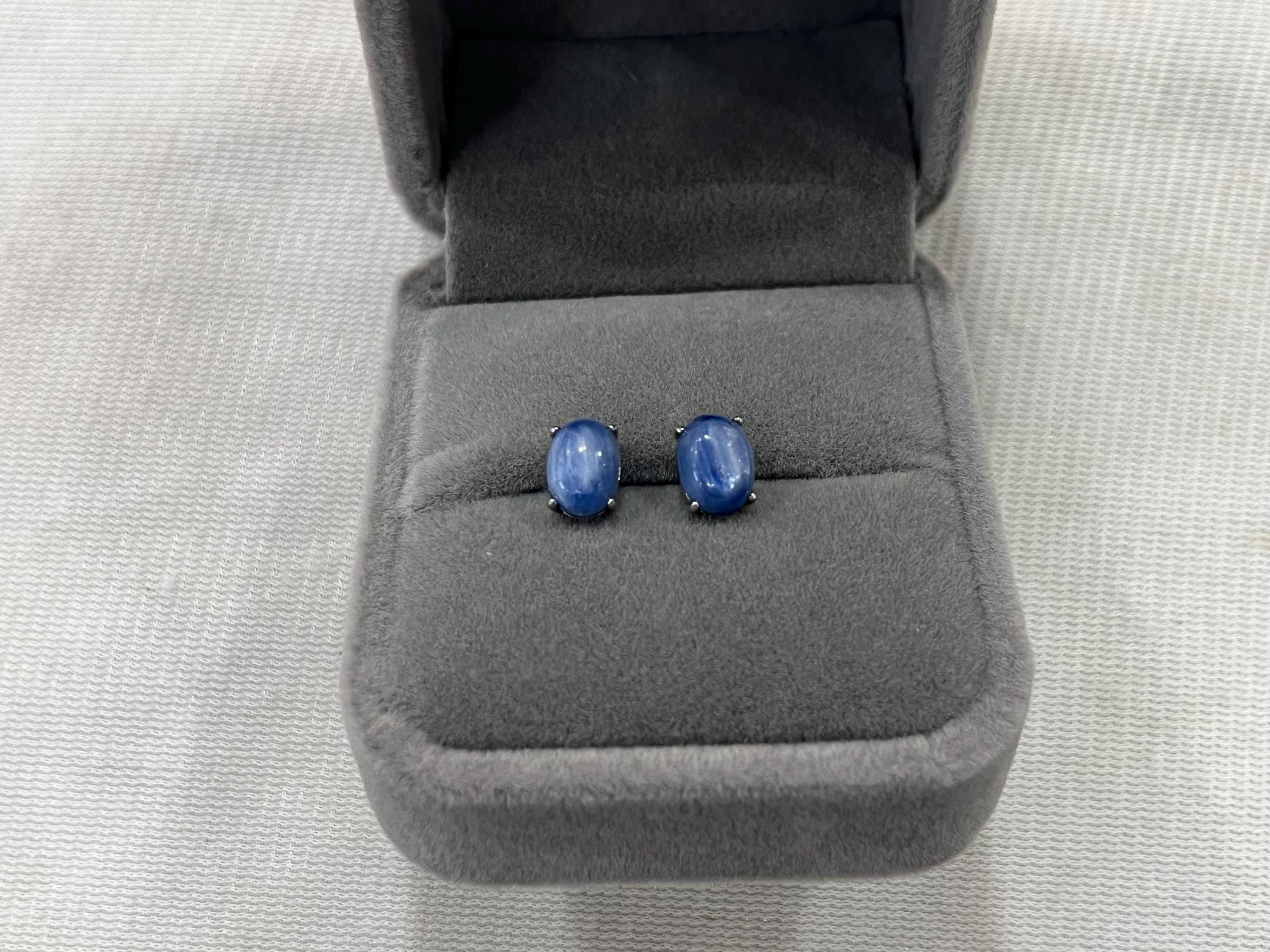Natural 6x8mm Oval Blue Kyanite Genuine Gemstone Stud Earrings With 925 Sterling Silver Accessory ---1 Pair (2pcs)