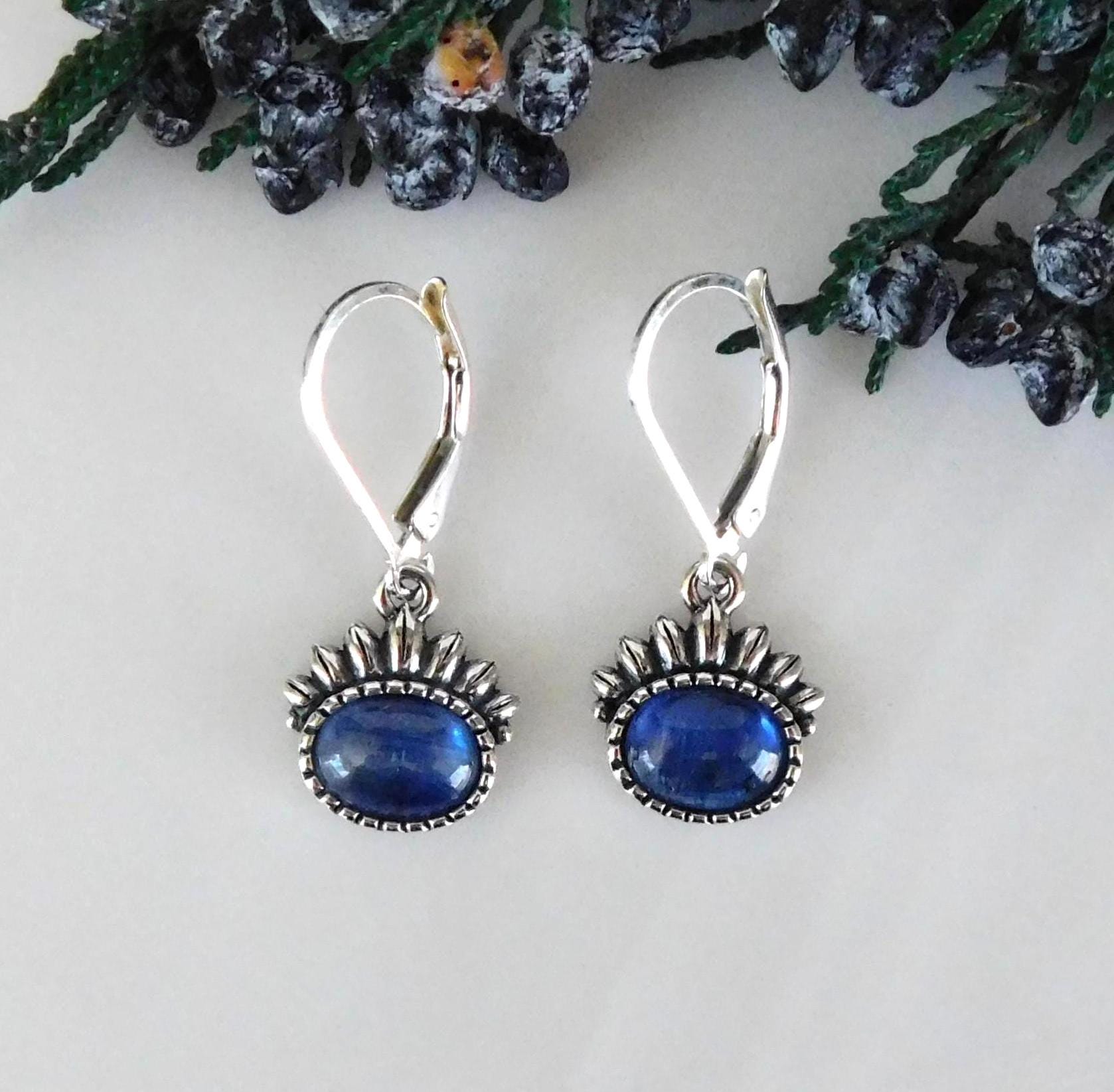 Natural Blue Kyanite Floral Drop Earrings: Sterling Silver, Mystical Gemstone
