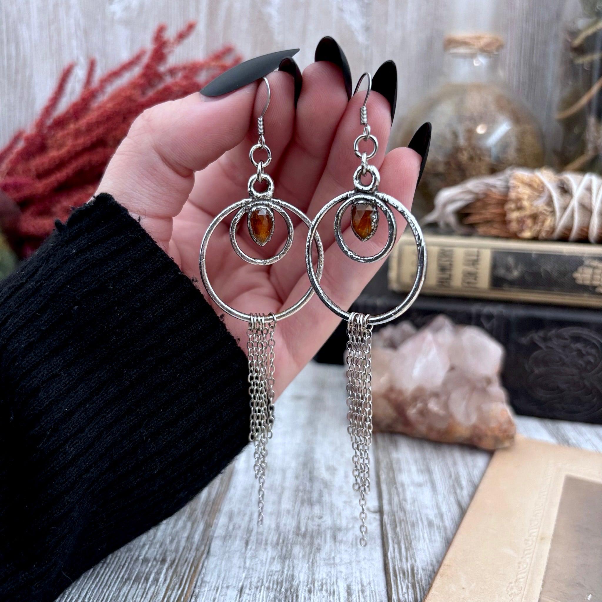 Orange Kyanite Hoop And Fringe Fine Silver Crystal Earrings / Long Dangle Witchy Earrings Orange Kyanite Hoop And Fringe Fine Silver Crystal Earrings / Long Dangle Witchy Earrings
