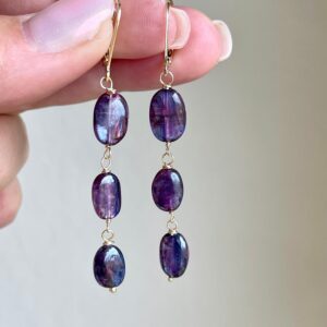 Purple Kyanite Earrings, Dark Bluish Lavender Oval Earrings in Gold or Silver, Wire Wrapped Lilac Dangle Boho Earrings, Light Gift for women