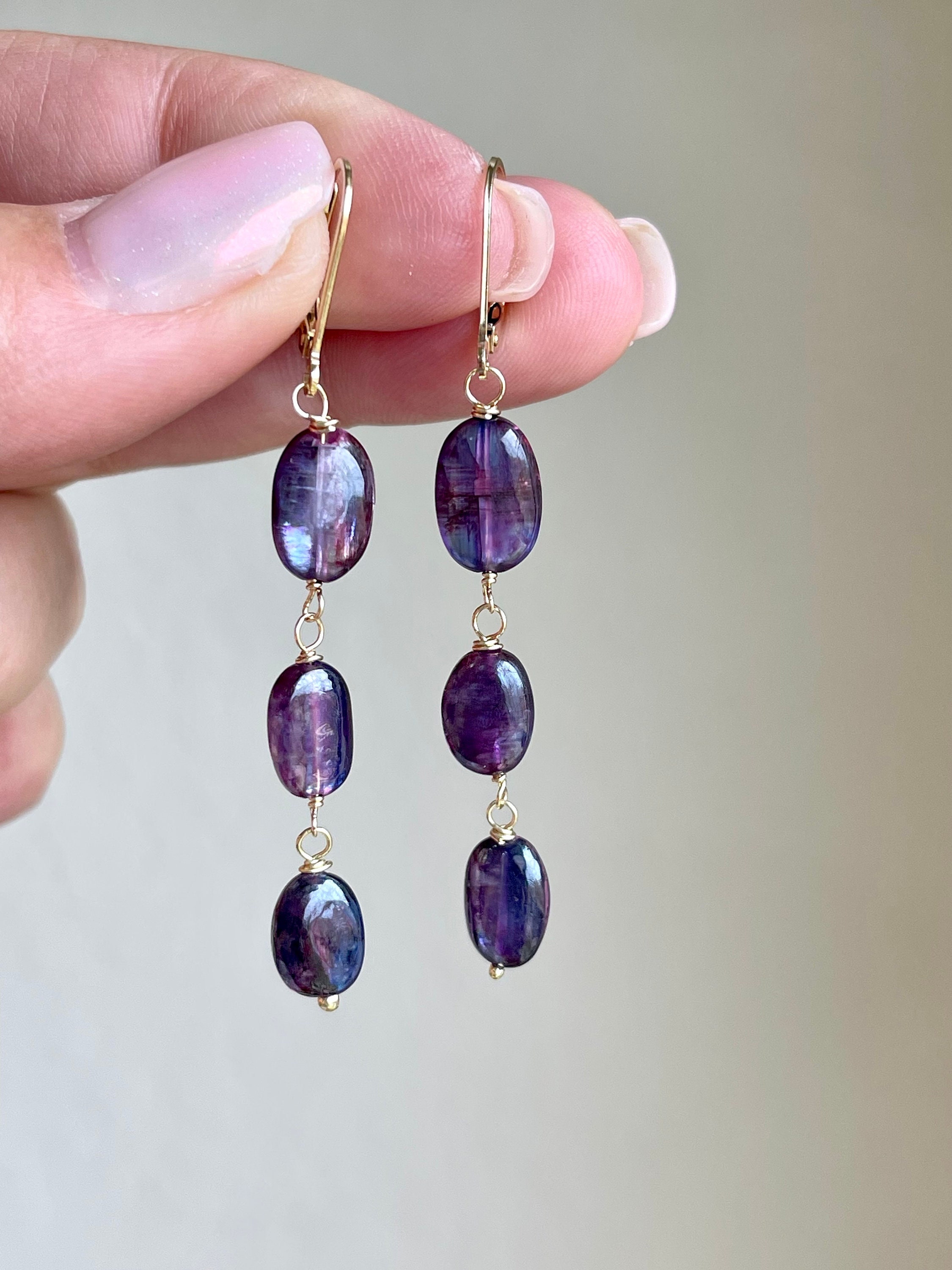 Purple Kyanite Earrings, Dark Bluish Lavender Oval Earrings In Gold Or Silver, Wire Wrapped Lilac Dangle Boho Earrings, Light Gift For Women