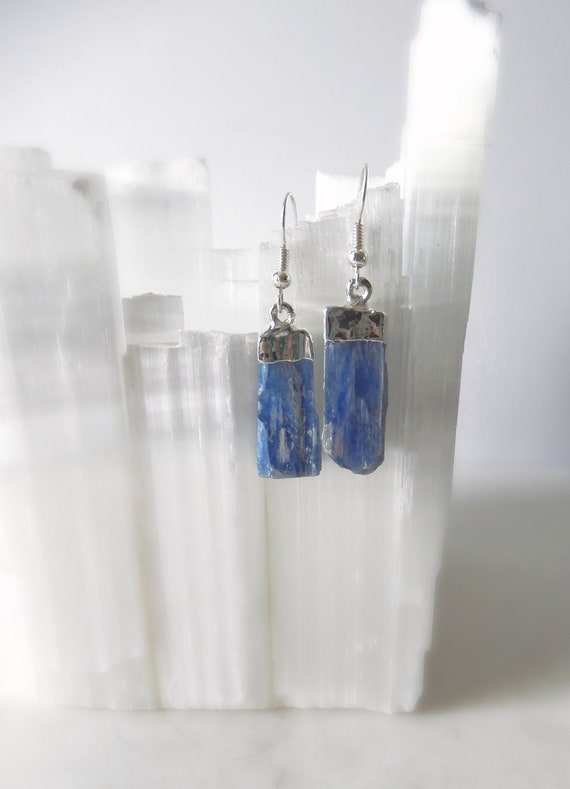 Raw Blue Kyanite Crystal Earrings •  Blue Stone Silver Raw Gemstone Earrings,  • Handmade Kyanite Jewelry • Gift For Crystal Lover •