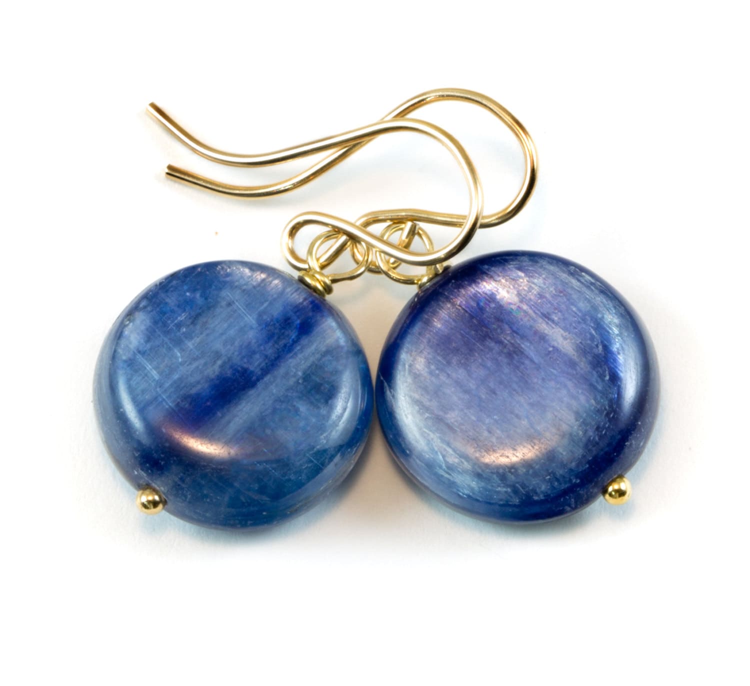 Kyanite Earrings Rich Blue High Quality Smooth Simple Natural Round Button Drops 14k Solid Gold Or Filled Or Sterling Silver Dainty Dangles
