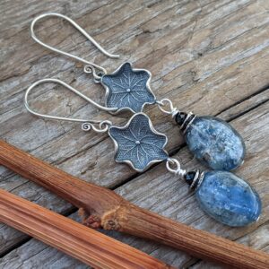 Kyanite Drop Earrings, Black Spinel, Oxidized Silver Flower