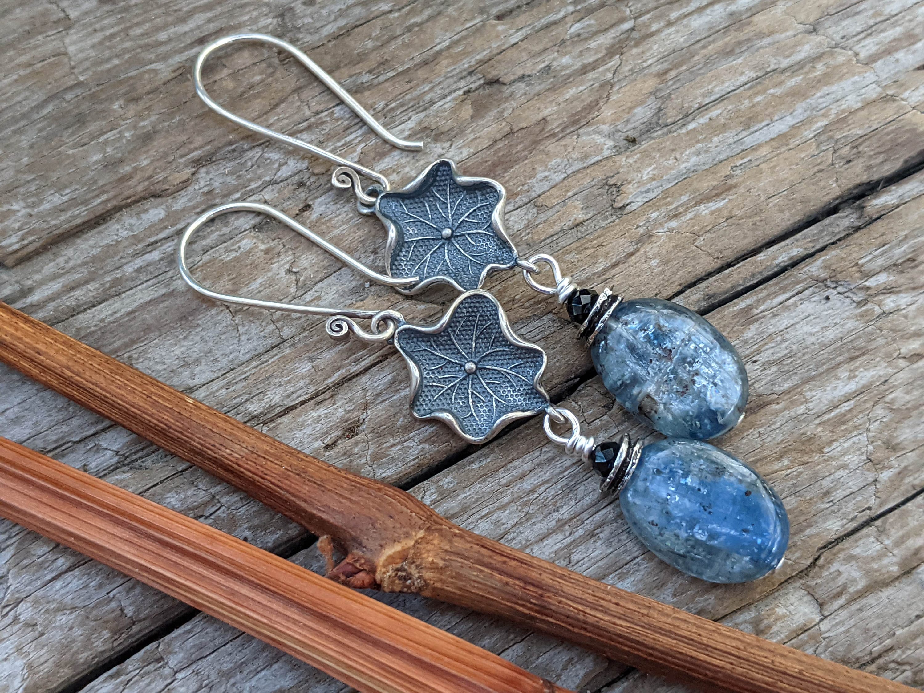 Kyanite Drop Earrings, Black Spinel, Oxidized Silver Flower