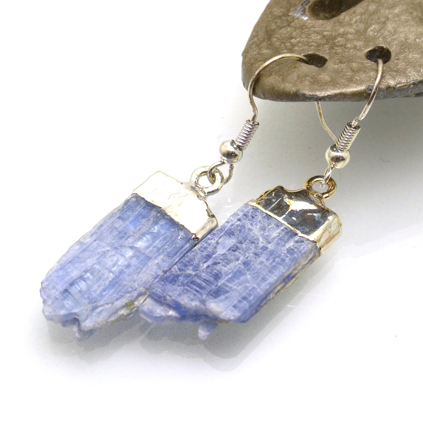 Kyanite Earrings Silver Plated Electroforming Sterling Silver Ear Wires Reflective Blue Cornflower Raw Rough Crystal Something Blue