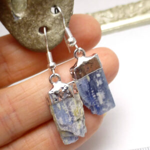 Kyanite Earrings Silver Plated Electroforming Sterling Silver Ear wires Reflective Blue Cornflower Raw Rough Crystal One of a kind Handmade