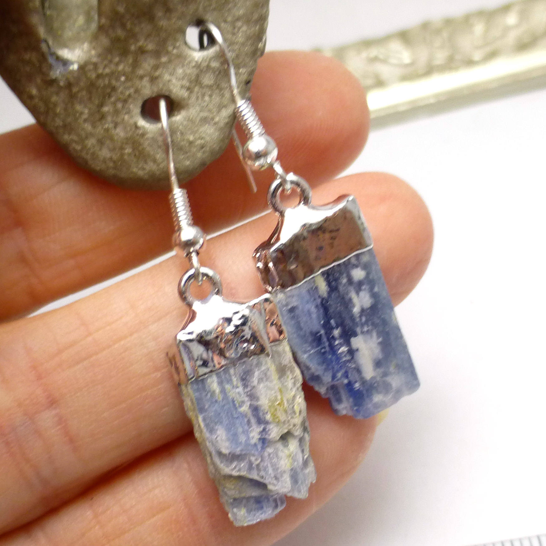 Kyanite Earrings Silver Plated Electroforming Sterling Silver Ear Wires Reflective Blue Cornflower Raw Rough Crystal One Of A Kind Handmade