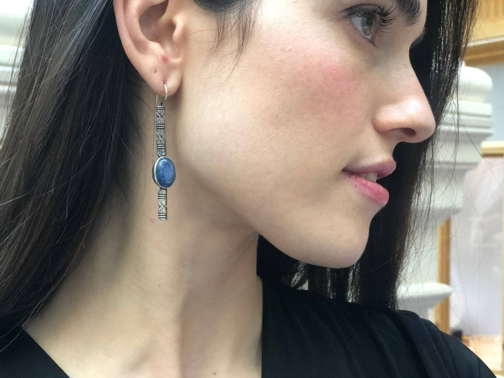 Silver Tribal Earrings, Kyanite Earrings, Silver Long Earrings, Blue Statement Earrings, Blue Tribal Earrings, Blue Eye Earrings, Kyanite
