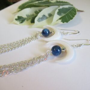 Kyanite Earrings, Sterling Silver Naja, Mother Of Pearl Crescent, Boho