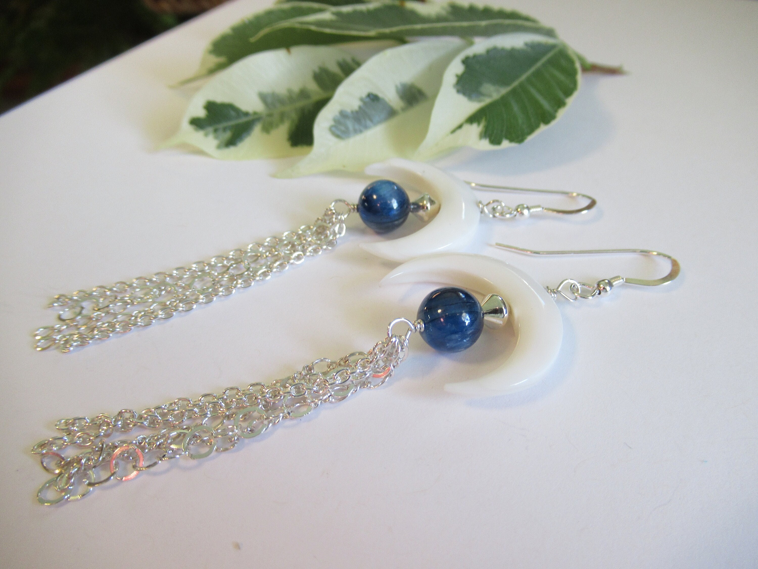 Kyanite Earrings, Sterling Silver Naja, Mother Of Pearl Crescent, Boho