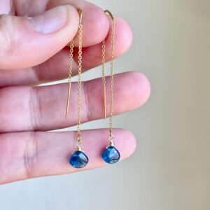 Kyanite Threader Earrings, Teal Blue Kyanite Drops in Gold or Silver, Minimalist Pull Through Chain Ear Threader, Summer Blue Gift for her