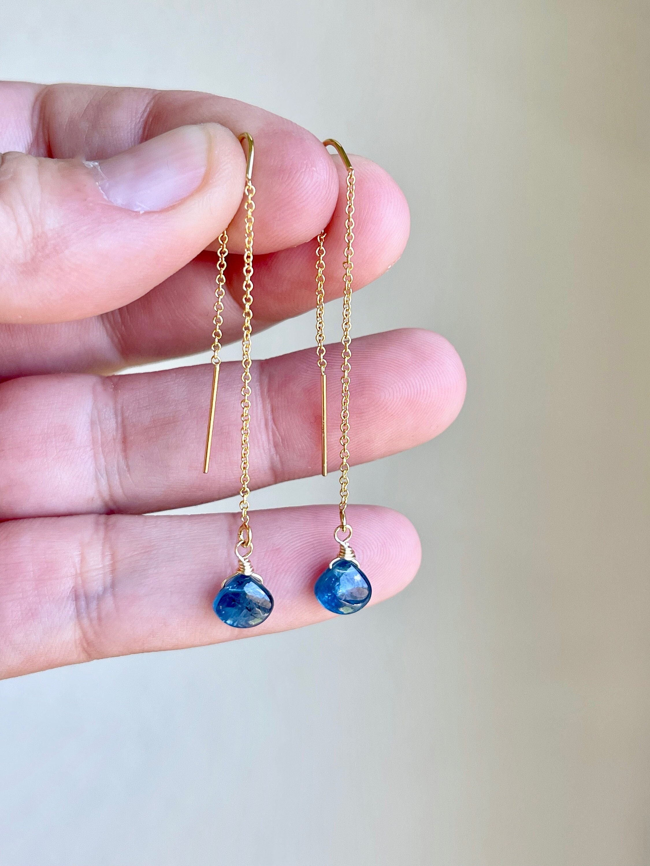 Kyanite Threader Earrings, Teal Blue Kyanite Drops In Gold Or Silver, Minimalist Pull Through Chain Ear Threader, Summer Blue Gift For Her Kyanite Threader Earrings, Teal Blue Kyanite Drops In Gold Or Silver, Minimalist Pull Through Chain Ear Threader, Summer Blue Gift For Her