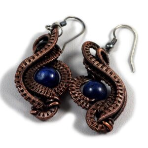 Wire Wrapped Copper Earrings with Blue Kyanite, Sterling Silver Hooks