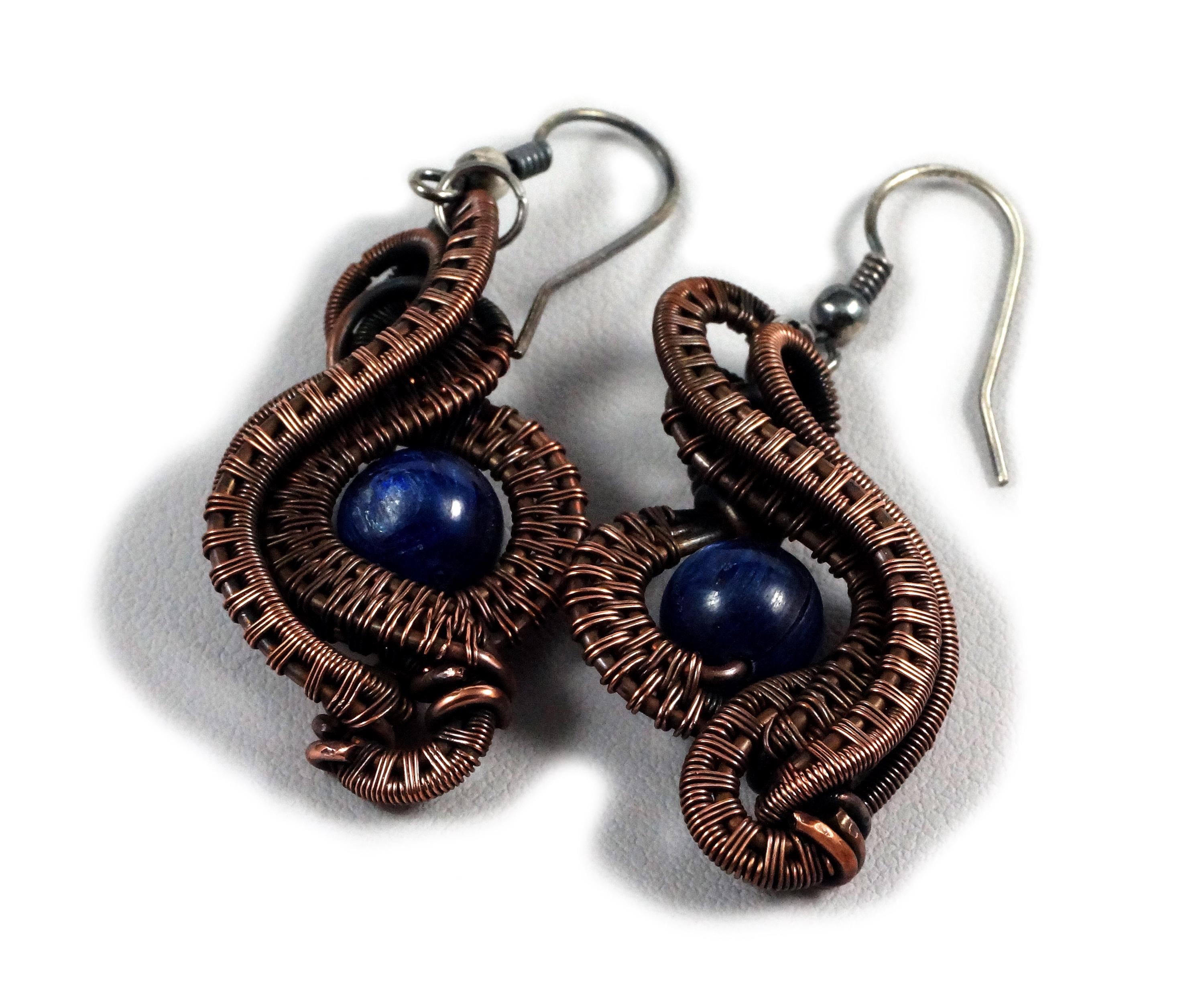 Wire Wrapped Copper Earrings With Blue Kyanite, Sterling Silver Hooks