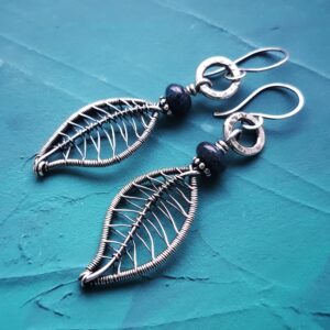 Wire Wrapped Leaf Earrings: Sterling Silver, Teal Kyanite, Boho Style