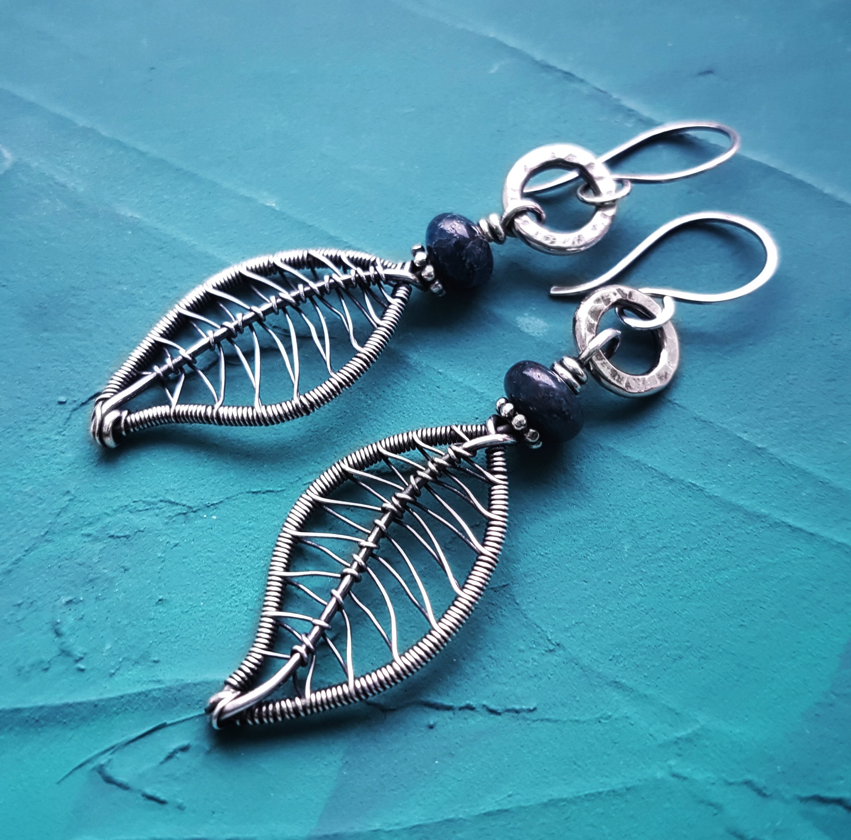 Wire Wrapped Leaf Earrings: Sterling Silver, Teal Kyanite, Boho Style
